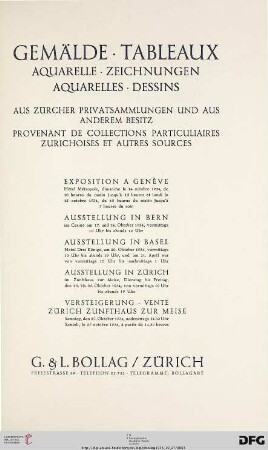 Gemälde, Aquarelle, Zeichnungen aus Zürcher Privatsammlungen und aus anderem Besitz : Versteigerung Zürich, Zunfthaus zur Meise, 27. Oktober 1934