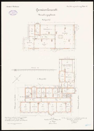 Lazarett der Artilleriekaserne, Wiesbaden: Verwaltungsgebäude: Grundriss Obergeschoss, Dachgeschoss 1:100