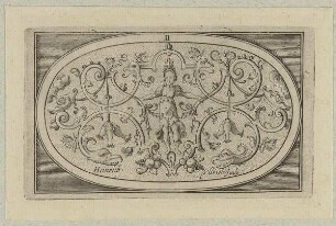 Dosendeckel mit Schweifgroteske auf gepunztem Grund, Blatt 11 aus einer Folge von Dosendeckeln