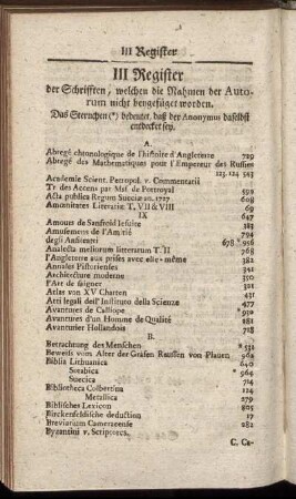 III Register der Schrifften, welchen die Nahmen der Autorum nicht beygefüget worden.