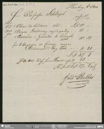 Rechnung von Friedrich Christoph Perthes an August Wilhelm von Schlegel, Hamburg, August 1804