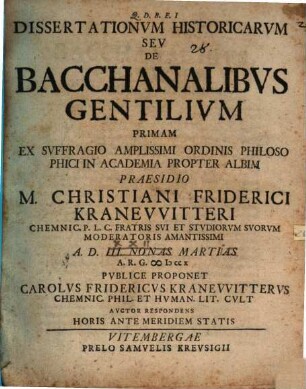 Dissertationum historicarum seu de Bacchanalibus gentilium I. et II.