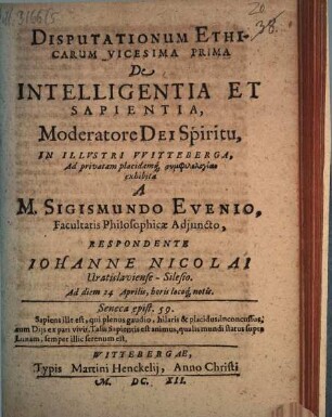 Disputationum Ethicarum Vicesima Prima De Intelligentia Et Sapientia