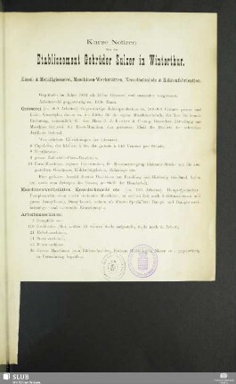 Kurze Notizen über das Etablissement Gebrüder Sulzer in Winterthur
