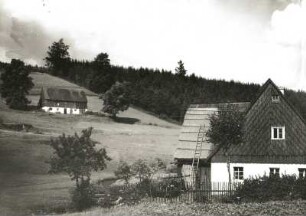 Erzgebirge. Strohgedeckte Gebirgshäuser am Berghang
