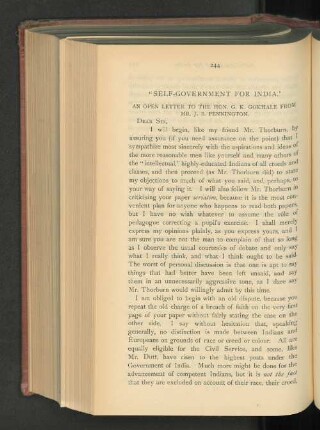 "Self-Government for India". An Open Letter to the Hon G.K. Gokhale from Mr.- J.B. Pennington.