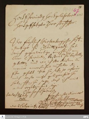 Brief von Johann Eberhard v. Wallbronn an August Hermann Francke.