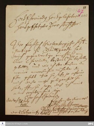 Brief von Johann Eberhard v. Wallbronn an August Hermann Francke.
