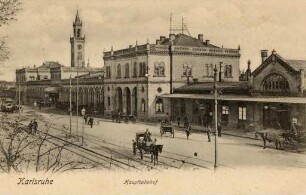 Postkartenalbum mit Motiven von Karlsruhe. "Karlsruhe. Hauptbahnhof". Alter Karlsruher Hauptbahnhof in der Kriegsstraße