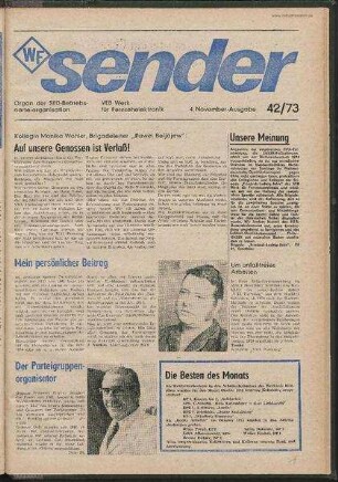 Betriebszeitung 'WF-Sender', Nr.42/1973 (4. Novemberausgabe 1973)