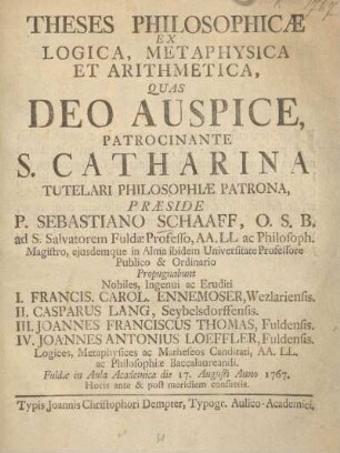 Theses philosophicae ex logica, metaphysica et arithmetica