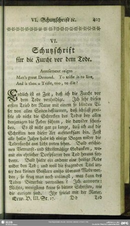 VI. Schutzschrift für die Furcht vor dem Tode