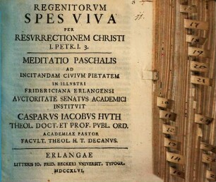 Regenitorum spes viva per resurrectionem Christi, I. Petr. I, 3 : meditatio paschalis