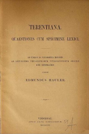 Terentiana : Quaestiones cum specimine lexici. (Wiener Doctordiss.)
