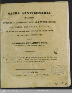 1837: Sacra anniversaria illustris Gymnasii Fridericiani Altenburgensis ... rite celebranda indicit