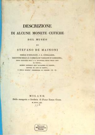 Descrizione di Alcune Monete Cufiche del Museo di St. Mainoni