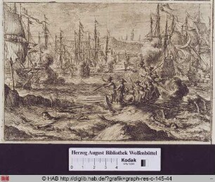 Französiche Boten überbringen 1627 schwimmend Briefe aus dem belagerten Fort St. Martin und werden von englischen Soldaten beschossen.