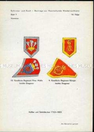 Uniformdarstellung, Detailstudie Holfter und Satteldecken des 9. und 10. Kavallerie-Regiments, Kurfürstentum Hannover, 1763/1803.