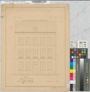 [Entwurf eines Wohngebäudes.] Vorderansicht, Grundrisse und Schnitte z.T. kolorierte Probezeichnungen von W. Hansen, Aachen