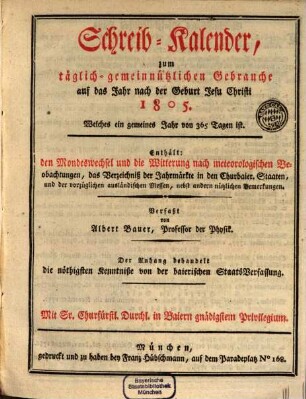 Schreib-Kalender zum täglich-gemeinnützlichen Gebrauche. 1805