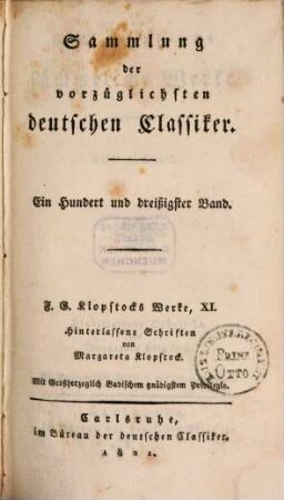 F. G. Klopstocks sämmtliche Werke. 11, Hinterlassene Schriften