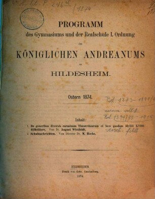 Programm des Königlichen Gymnasium Andreanum zu Hildesheim : Ostern ..., 1873/74