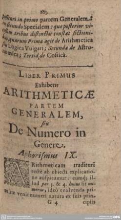 LIBER PRIMUS Exhibens ARITHMETICAE PARTEM GENERALEM, seu De Numero in Genere.