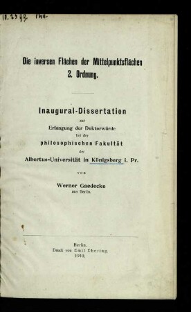 Die inversen Flächen der Mittelpunktsflächen 2. Ordnung