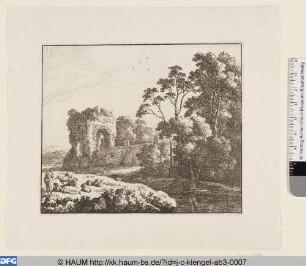 Landschaft mit Ruine und Schafherde
