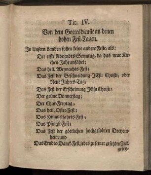 Tit. IV. Von dem Gottesdienste an denen hohen Fest-Tagen.