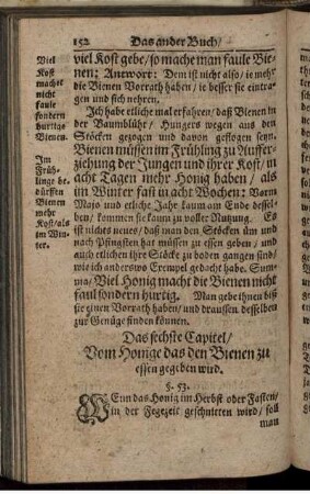 Das sechste Capitel/ Vom Honige das den Bienen zu essen gegeben wird