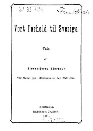 Vort forhold til Sverige : tale