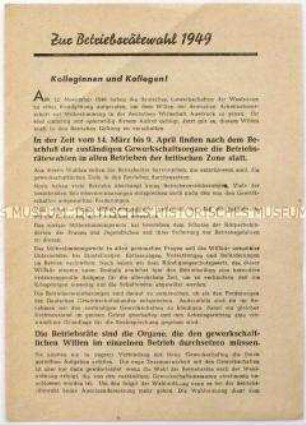 Informationsblatt des Deutschen Gewerkschaftsbundes zu den Betriebsrätewahlen in der britischen Besatzungszone 1949
