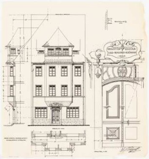 Fassaden der nach dem Brand am 17. Juni 1915 wiederaufgebauten Häuser, Duderstadt: Aufriss: Ansicht von der Straße 1:50; Fassadenschnitte horizontal und vertikal 1:50; Details 1:10: Haustür, Gaubengesims