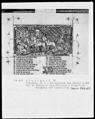 Weltchronik des Rudolf von Ems — Siegreiche Heimkehr der Israeliten, Folio 90recto