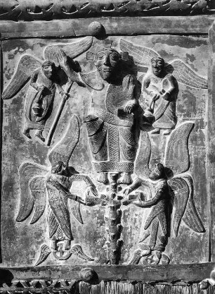 Christus als Weltenrichter : Christus als Weltenrichter. Bronze (vor 1138). Verona, Kirche San Zeno Maggiore, Westfassade, Portal, Tür, 6. Reihe von oben, 2. Bildfeld