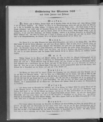 Erscheinung der Planeten 1853 und 1854 Januar und Februar.