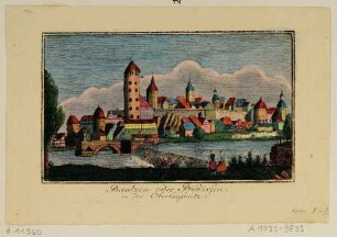 Stadtansicht von Bautzen, Ansicht aus südlicher Richtung mit der Alten Wasserkunst und Ortenburg im Vordergrund, Blick über die Spree