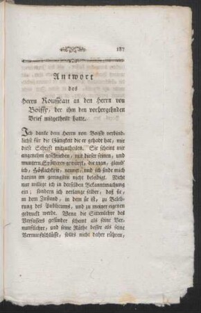 Antwort des Herrn Rousseau an den Herrn von Boissy, der ihm den vorhergehnden Brief mitgetheilt hatte