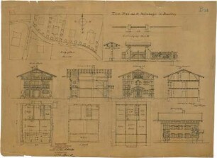 Thiersch, August ; Beuerberg (Bayern); Wohnhaus Halmburger - Lageplan, Grundriss, Grundriss 1. OG, Grundriss DG, Ansicht, Querschnitt, Längsschnitt; Einfriedung (Grundriss, Ansicht)