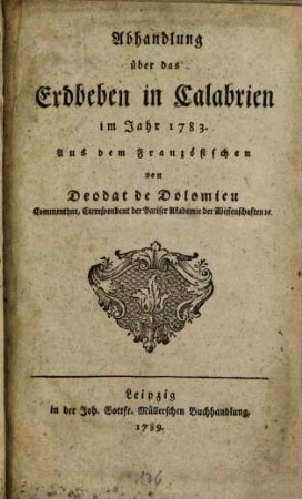 Abhandlung über das Erdbeben in Calabrien im Jahr 1783.