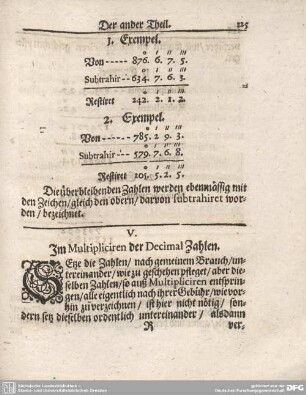 V. Im Multipliciren der Decimal Zahlen.