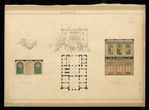 Jagdschloss Monatskonkurrenz März 1828: Grundriss Erdgeschoss, Aufriss Schauseite, Aufriss zweier Innenraumwände; Maßstabsleiste