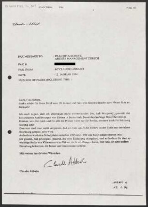 Brief an Rita Schütz an Artists Management Zürich, 12.01.1994