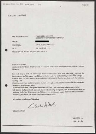 Brief an Rita Schütz an Artists Management Zürich, 12.01.1994
