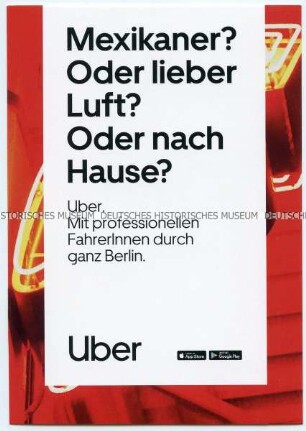 Werbepostkarte von Uber, dem Online-Vermittlungsdienst für Personenbeförderung
