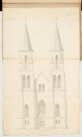 Dorfkirche mit 300 Sitzplätzen Monatskonkurrenz Januar 1865: Aufriss Turm- und Eingangsansicht; 1:60, Maßstabsleiste