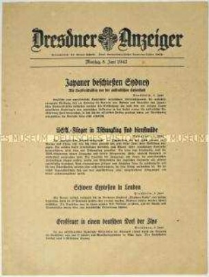 Nachrichtenblatt "Dresdner Anzeiger" u.a. zum japanischen U-Boot Angriff auf Sydney