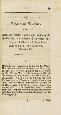 XII. Allgemeiner Anzeiger, oder vermischte Garten- und dahin einschlagende physikalische, naturhistorische Nachrichten, ...