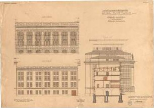 Mellinger, Ludwig von; München; Armeemuseum - Neubau, Zwischenbau Nord, Ost - u. Westseite (Ansichten),Zwischenbau Nord gegen Mittelbau gesehen (Querschnitt)